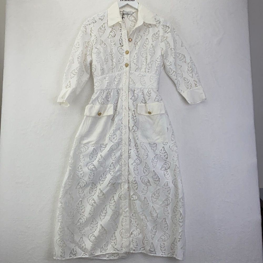 Sandro Zenali White Lace with Leaf Pattern MIDI Dress - Picture 5 of 8